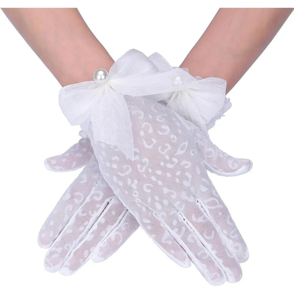 Women's Ivory Short Lace Pearl Bow Gloves Style Wedding Opera Party Prom